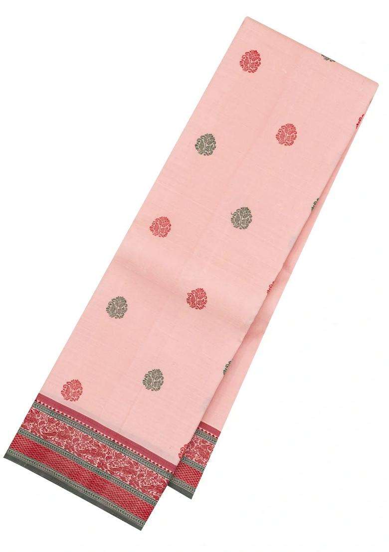 Baby Pink Handloom Korvai Kanchipuram Silk Saree With Thread Work Buttas With Korvai And Temple Border Design For Women - Indya