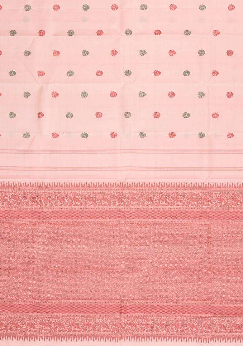 Baby Pink Handloom Korvai Kanchipuram Silk Saree With Thread Work Buttas With Korvai And Temple Border Design For Women - Indya