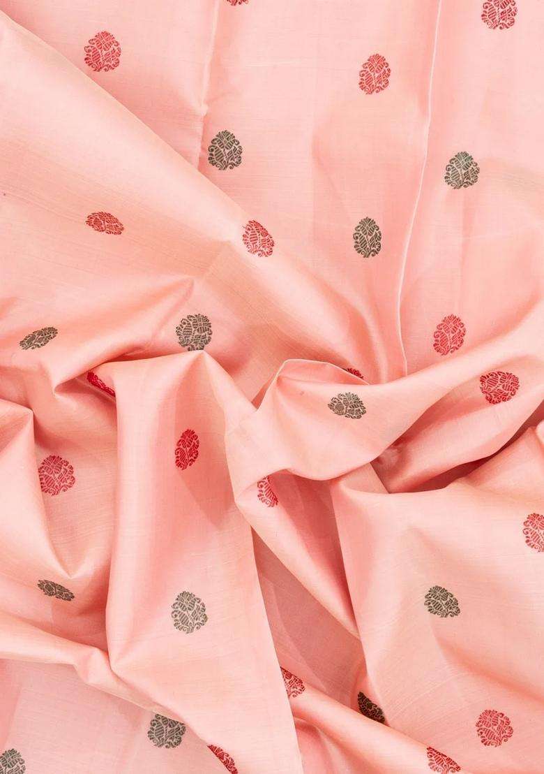Baby Pink Handloom Korvai Kanchipuram Silk Saree With Thread Work Buttas With Korvai And Temple Border Design For Women - Indya