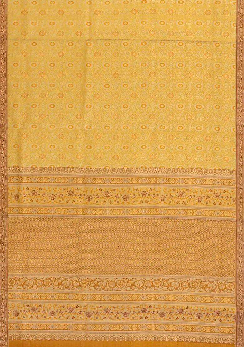 Gold Handloom Tissue Kanchipuram Silk Saree With Floral Motifs With Buttas And Brocade Design For Women - Indya