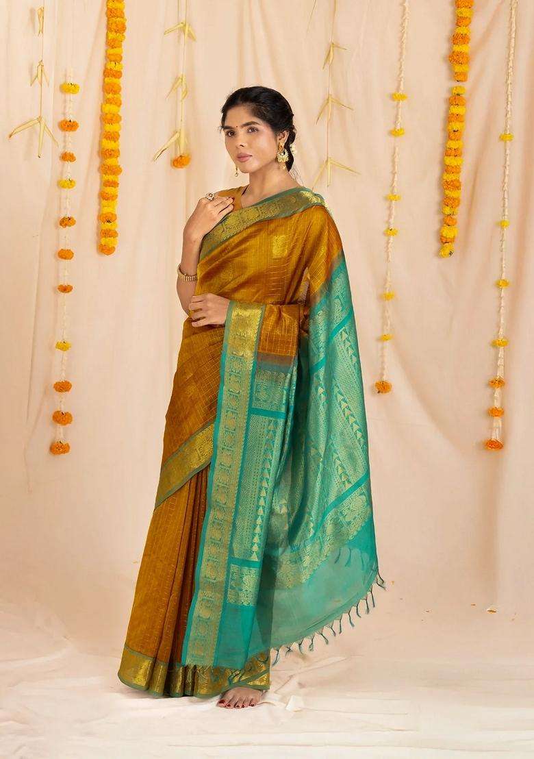 Oil Mustard Handloom Silk Cotton Saree With Checks Buttas With Buttas And Brocade Design For Women - Indya