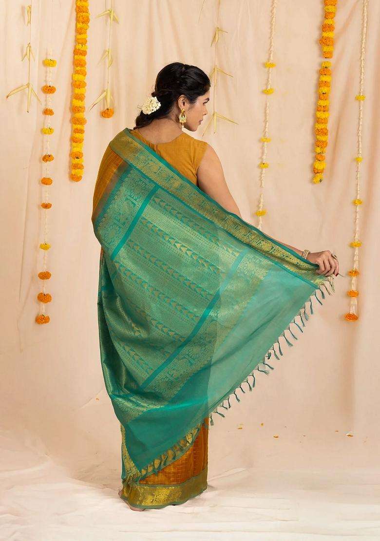Oil Mustard Handloom Silk Cotton Saree With Checks Buttas With Buttas And Brocade Design For Women - Indya