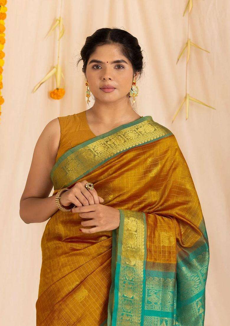 Oil Mustard Handloom Silk Cotton Saree With Checks Buttas With Buttas And Brocade Design For Women - Indya