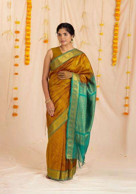 Oil Mustard Handloom Silk Cotton Saree With Checks Buttas With Buttas And Brocade Design For Women
