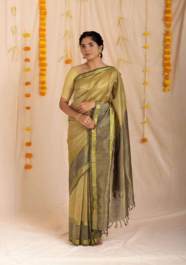 Dark Beige Handloom Silk Cotton Saree With Checks Contrast Border With Checks And Stripes Design For Women - Indya