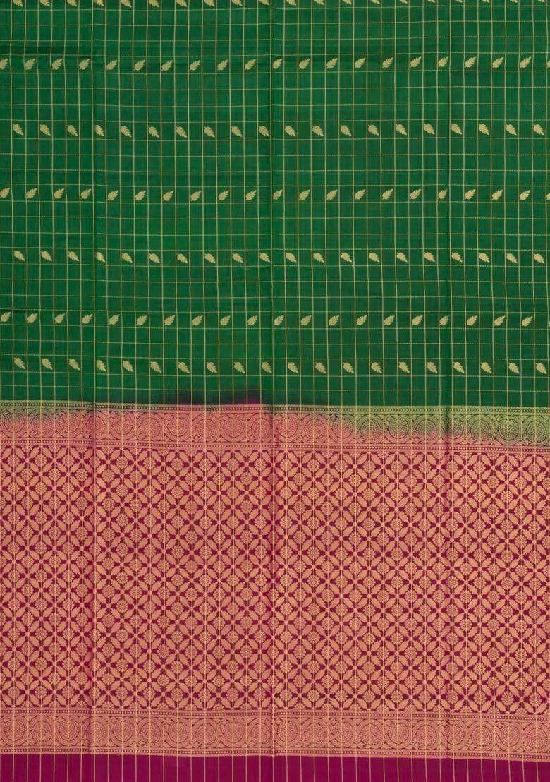 Dark Green Handloom Soft Silk Saree With Zari Checks Buttas With Buttas And Brocade Design For Women - Indya