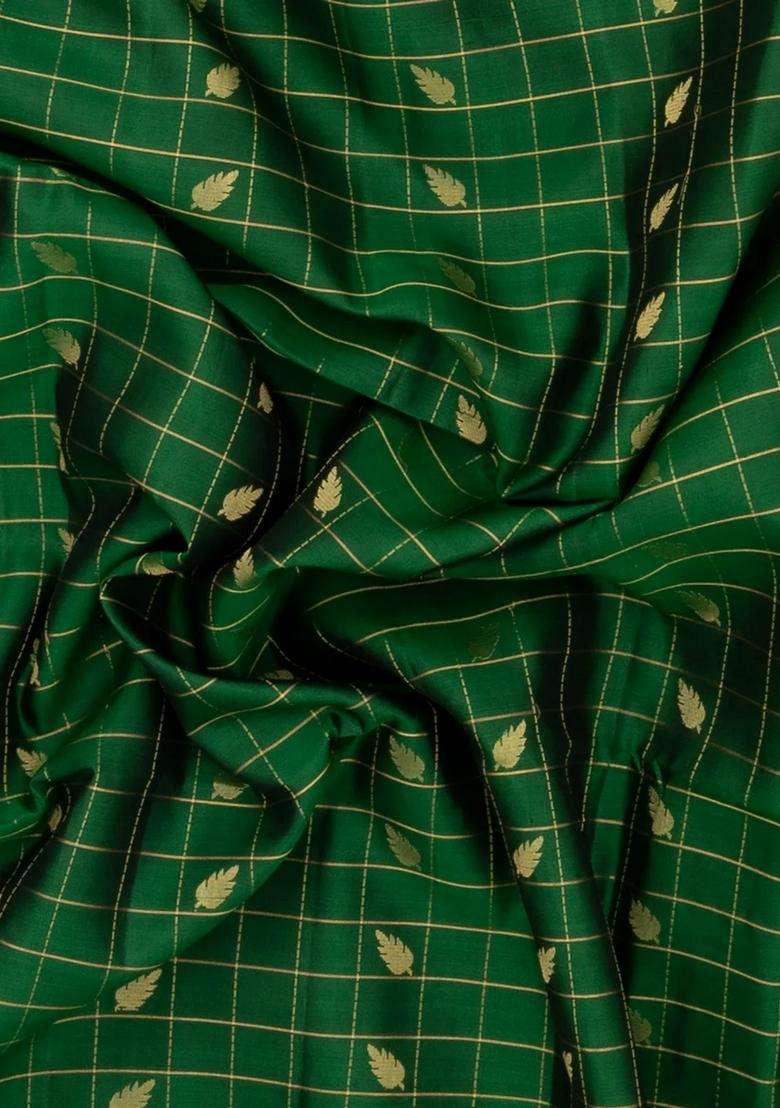 Dark Green Handloom Soft Silk Saree With Zari Checks Buttas With Buttas And Brocade Design For Women - Indya