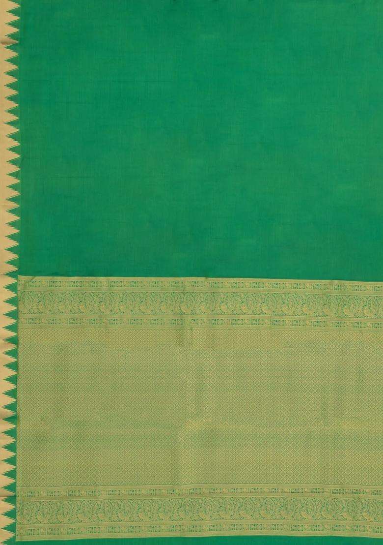 Green Handloom Soft Silk Saree With Zari Temple Border With Korvai And Temple Border Design For Women - Indya