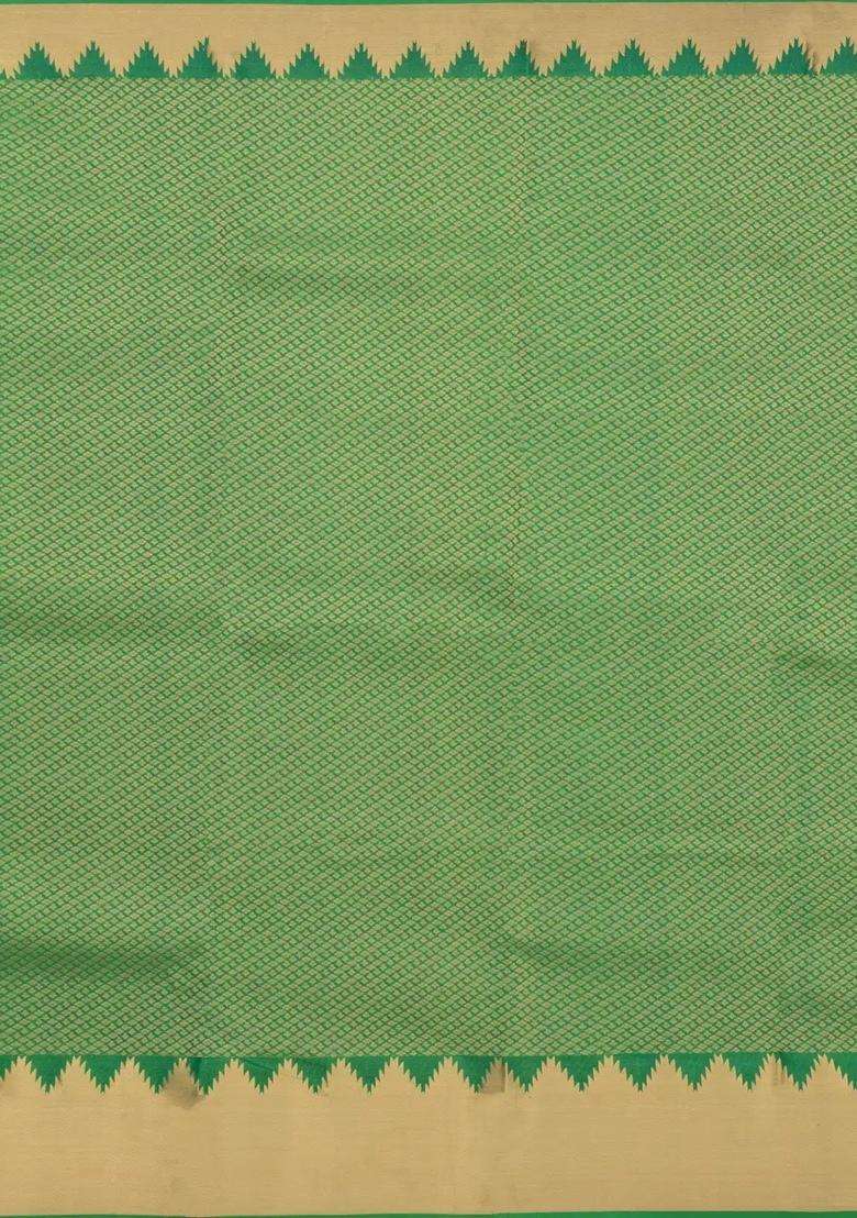 Green Handloom Soft Silk Saree With Zari Temple Border With Korvai And Temple Border Design For Women - Indya