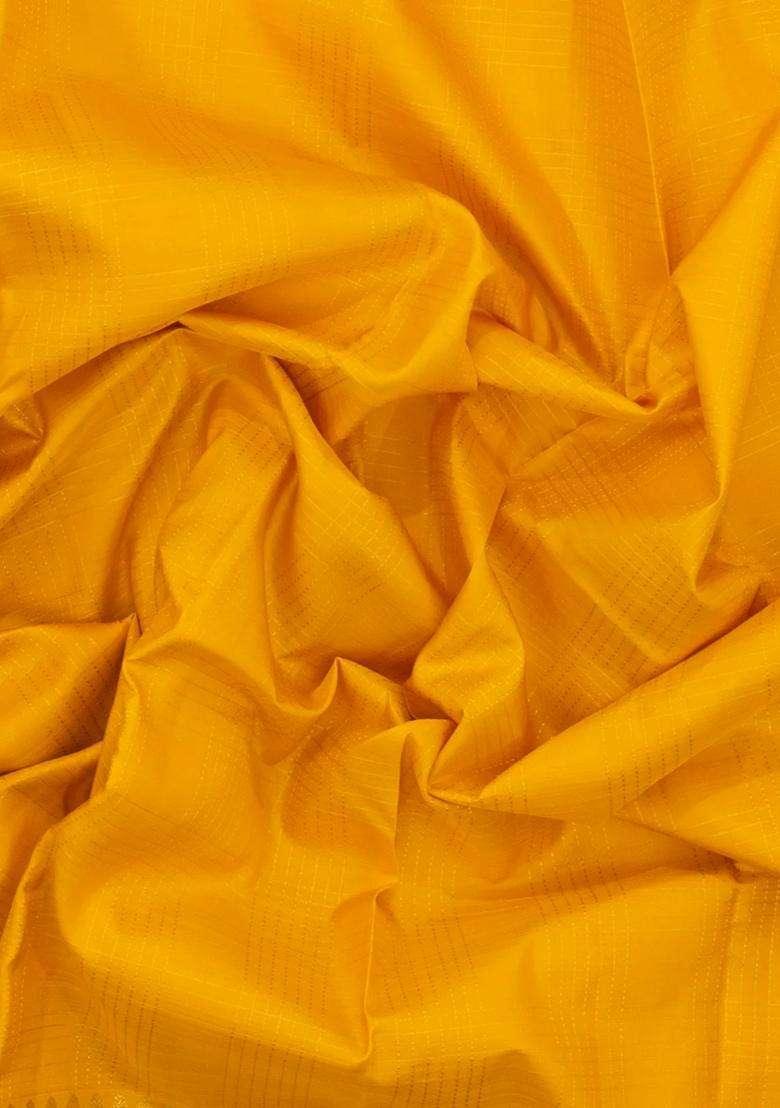 Yellow Kanchipuram Silk Saree With Zari Checks With Checks And Stripes Design For Women - Indya