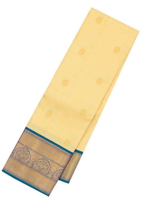 Sandal Korvai Handloom Kanchipuram Silk Saree With Cyan Border With Korvai And Temple Border Design For Women