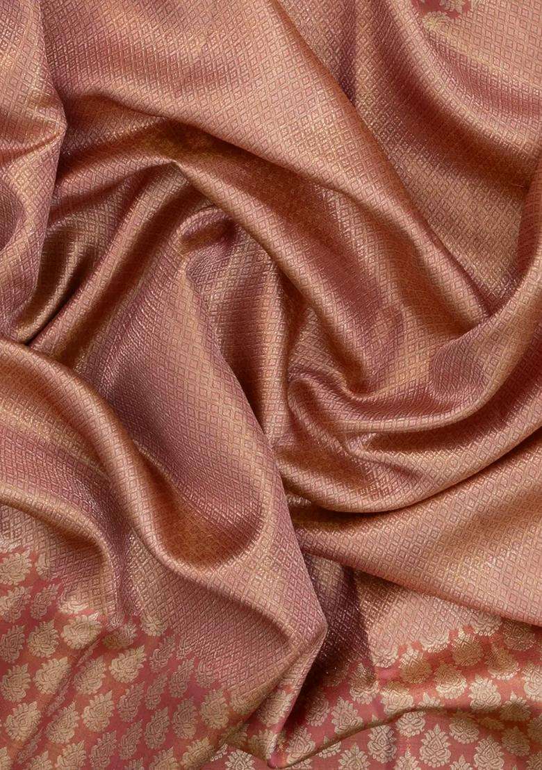 Dusty Pink Handloom Tissue Kanchipuram Silk Saree With Floral Motifs With Buttas And Brocade Design For Women - Indya