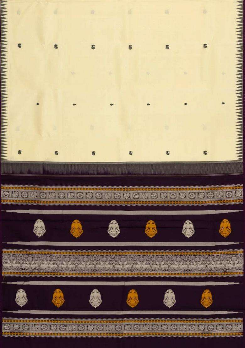 Off White Cream Handloom Korvai Kanchipuram Silk Saree With Annam Motifs With Korvai And Temple Border Design For Women - Indya