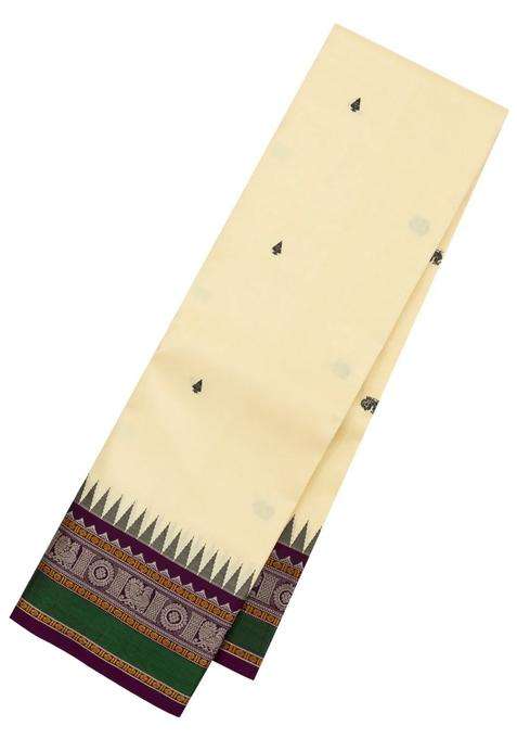 Off White Cream Handloom Korvai Kanchipuram Silk Saree With Annam Motifs With Korvai And Temple Border Design For Women