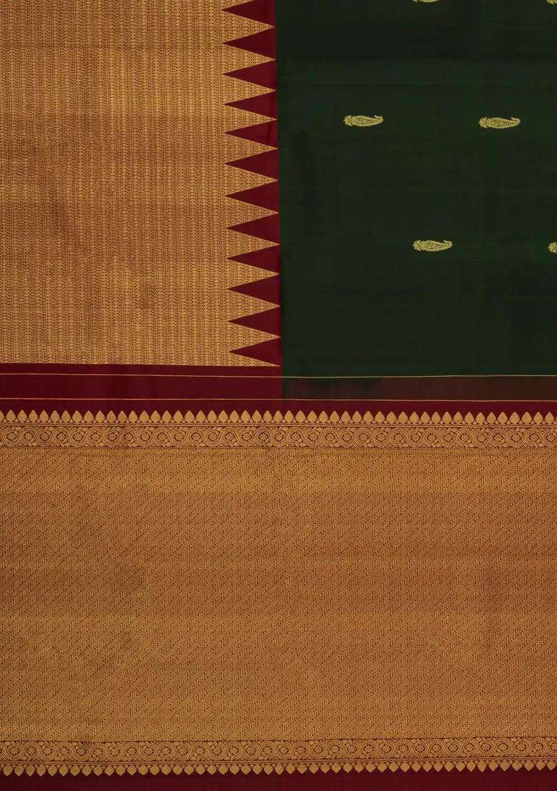 Bottle Green Handloom Half Half Kanchipuram Silk Saree With Buttas With Buttas And Brocade Design For Women - Indya