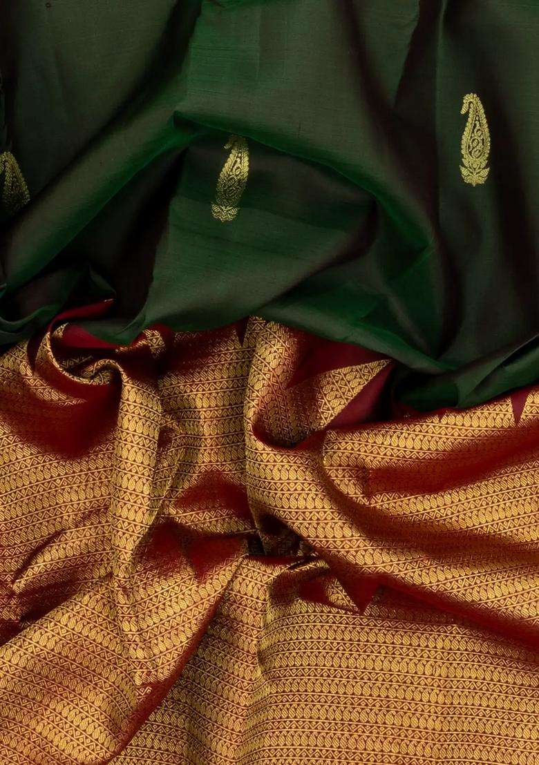 Bottle Green Handloom Half Half Kanchipuram Silk Saree With Buttas With Buttas And Brocade Design For Women - Indya