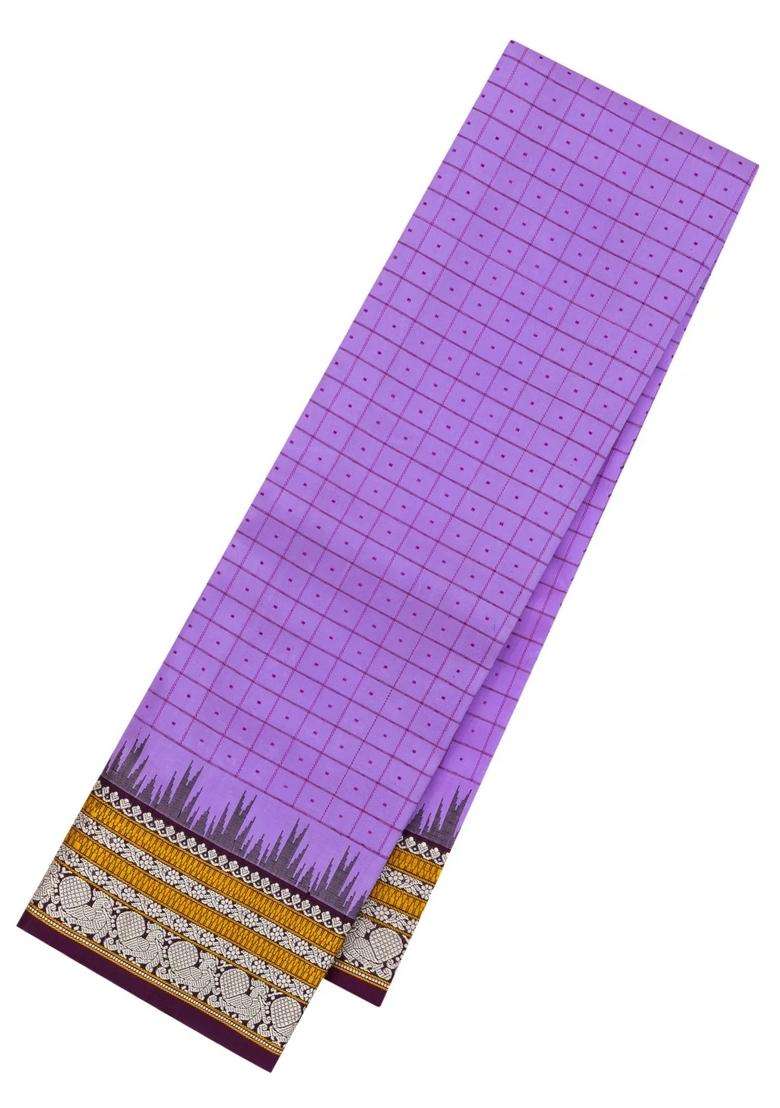 Lavander Lavender Handloom Korvai Kanchipuram Silk Saree With Silk Checks With Korvai And Temple Border Design For Women - Indya