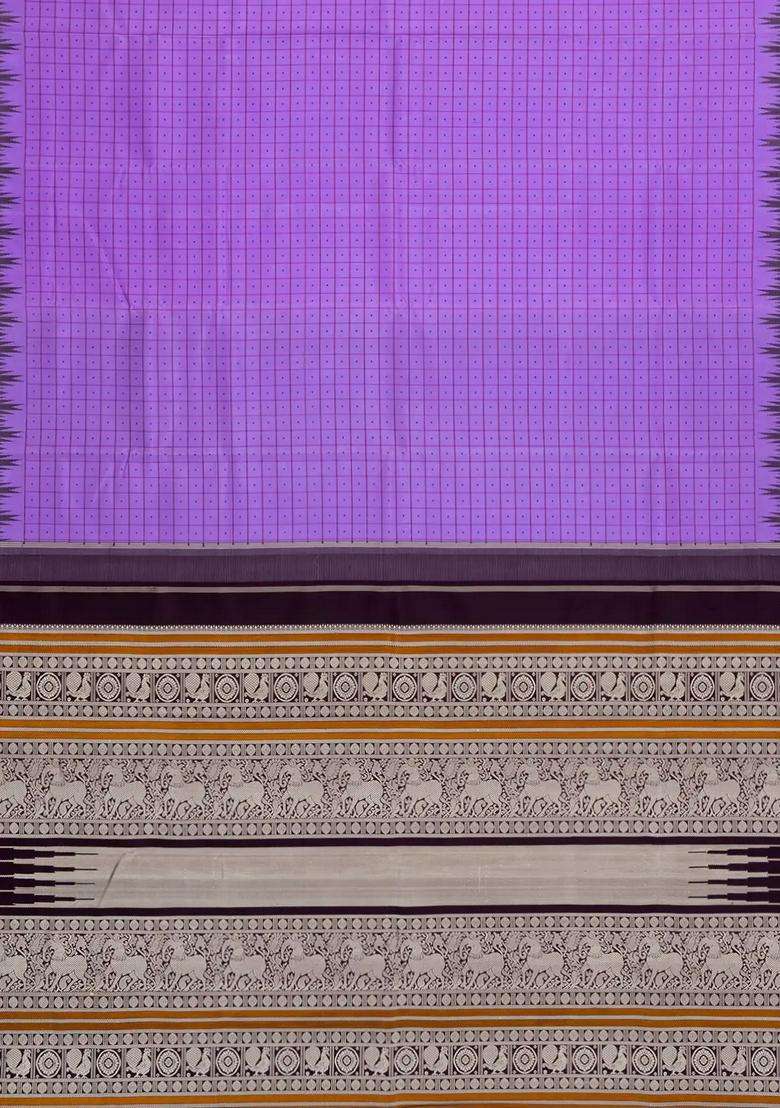 Lavander Lavender Handloom Korvai Kanchipuram Silk Saree With Silk Checks With Korvai And Temple Border Design For Women - Indya