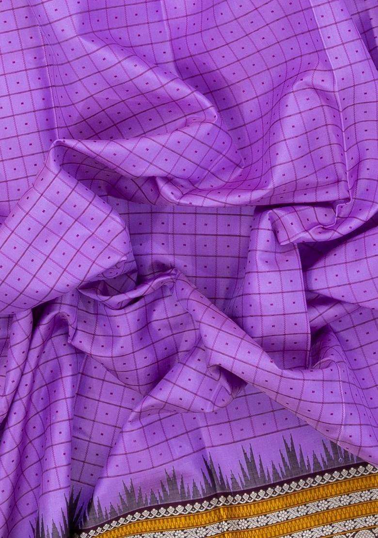 Lavander Lavender Handloom Korvai Kanchipuram Silk Saree With Silk Checks With Korvai And Temple Border Design For Women - Indya