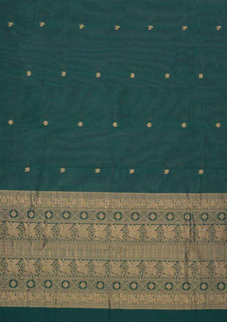 Bottle Green Handloom Kanchi Cotton Saree With Deer Buttas With Buttas And Brocade Design For Women - Indya