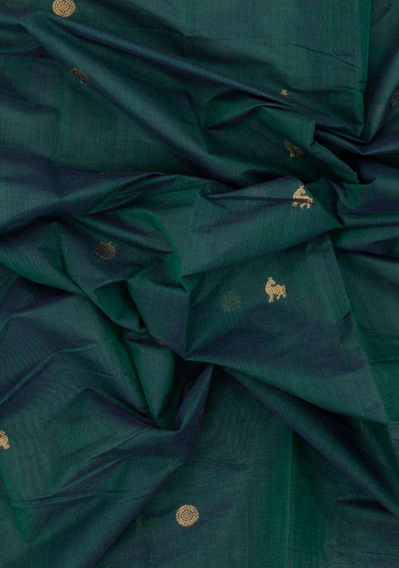 Bottle Green Handloom Kanchi Cotton Saree With Deer Buttas With Buttas And Brocade Design For Women - Indya