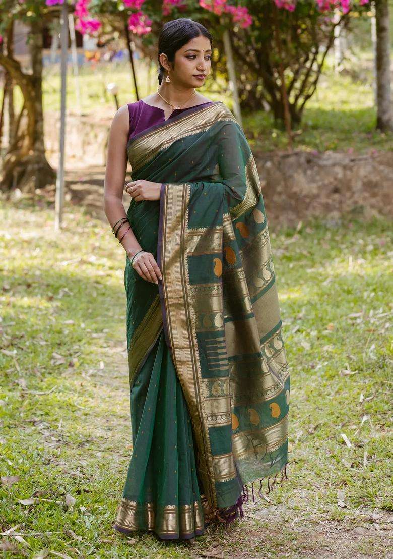 Bottle Green Handloom Kanchi Cotton Saree With Kamalam Buttas With Buttas And Brocade Design For Women - Indya