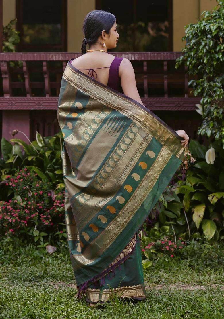 Bottle Green Handloom Kanchi Cotton Saree With Kamalam Buttas With Buttas And Brocade Design For Women - Indya