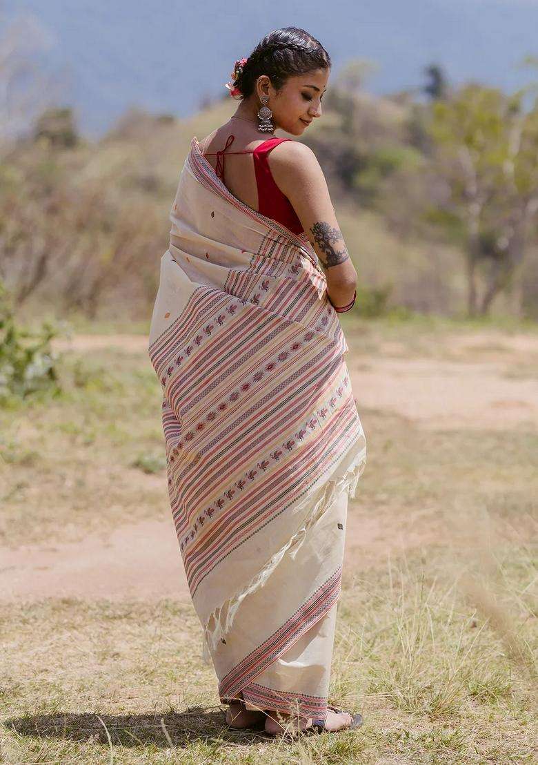 Cream Handloom Kanchi Cotton Saree With Diamond Buttas With Buttas And Brocade Design For Women - Indya
