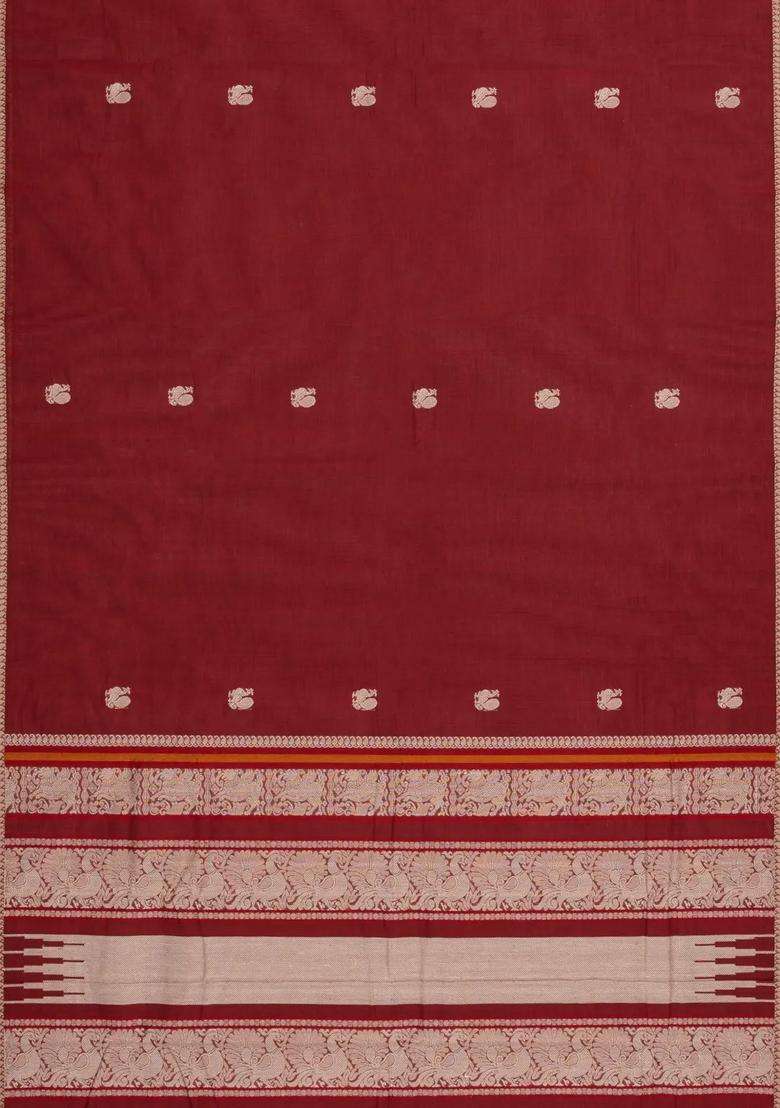 Crimson Handloom Kanchi Cotton Saree With Annam Motifs With Buttas And Brocade Design For Women - Indya