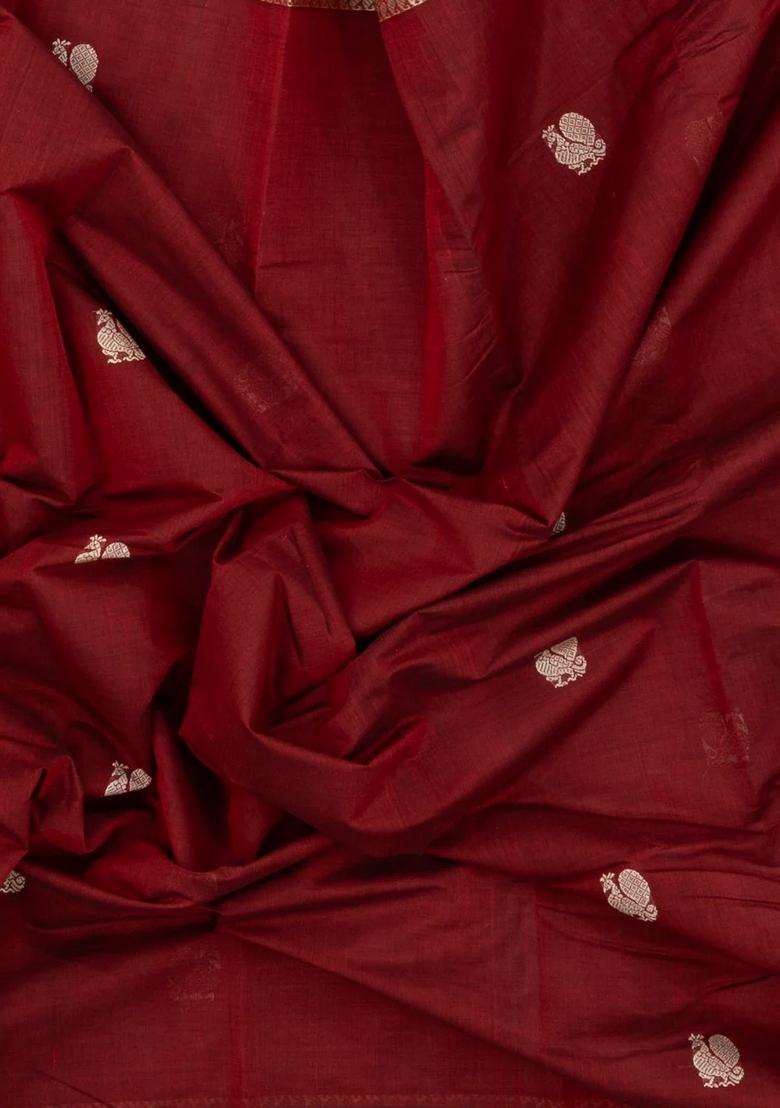 Crimson Handloom Kanchi Cotton Saree With Annam Motifs With Buttas And Brocade Design For Women - Indya