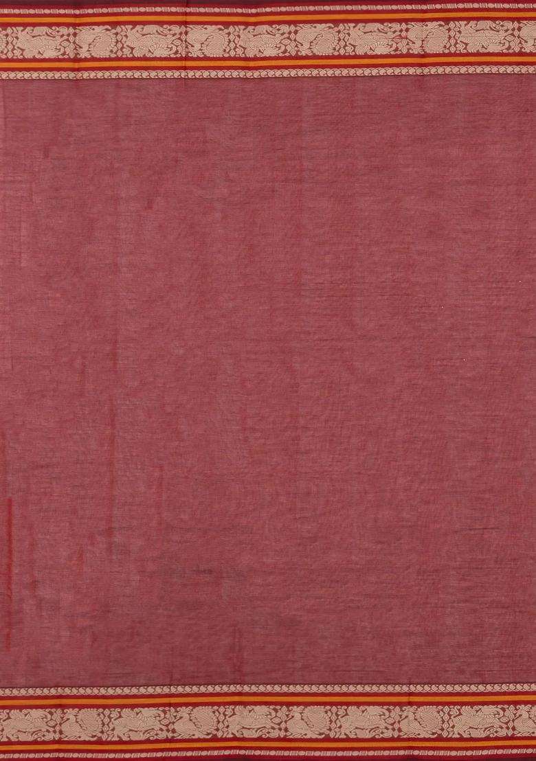 Crimson Handloom Kanchi Cotton Saree With Annam Motifs With Buttas And Brocade Design For Women - Indya