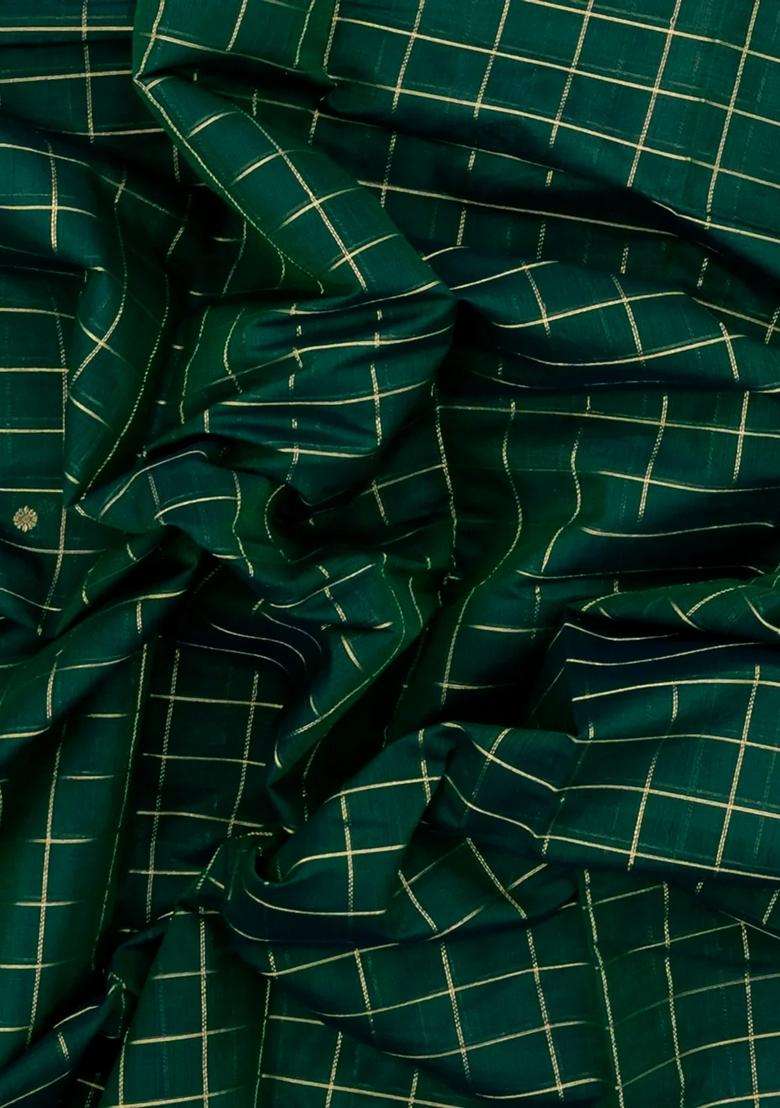 Dark Green Handloom Kanchi Cotton Saree With Checks Buttas With Buttas And Brocade Design For Women - Indya