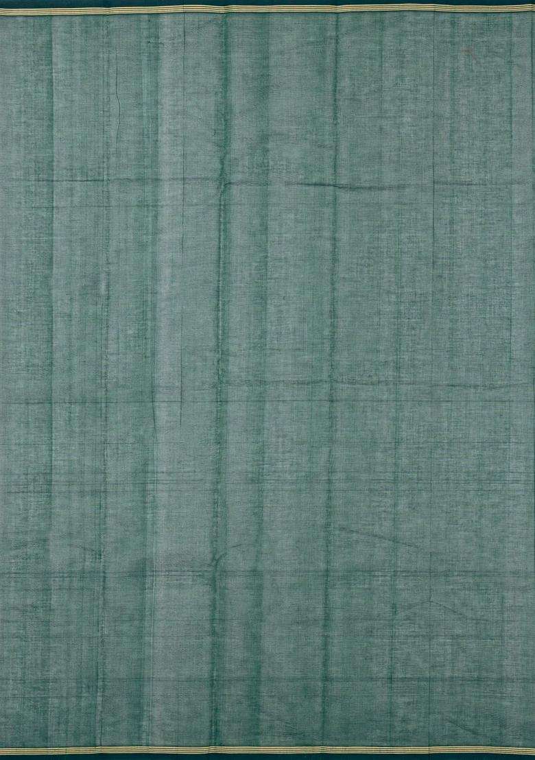 Dark Green Handloom Kanchi Cotton Saree With Checks Buttas With Buttas And Brocade Design For Women - Indya