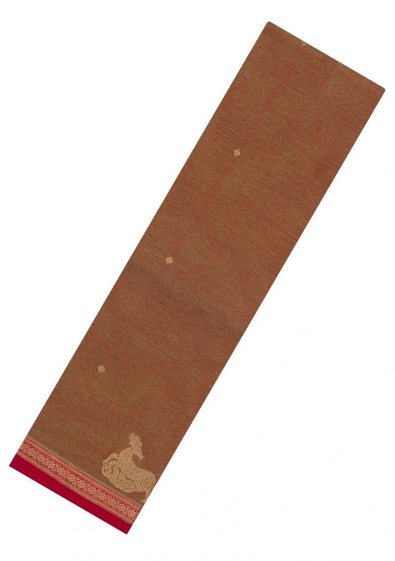 Brown Handloom Kanchi Cotton Saree With Deer Motifs With Buttas And Brocade Design For Women - Indya