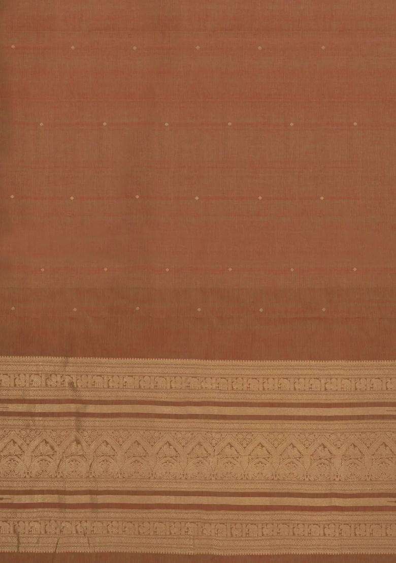 Brown Handloom Kanchi Cotton Saree With Deer Motifs With Buttas And Brocade Design For Women - Indya
