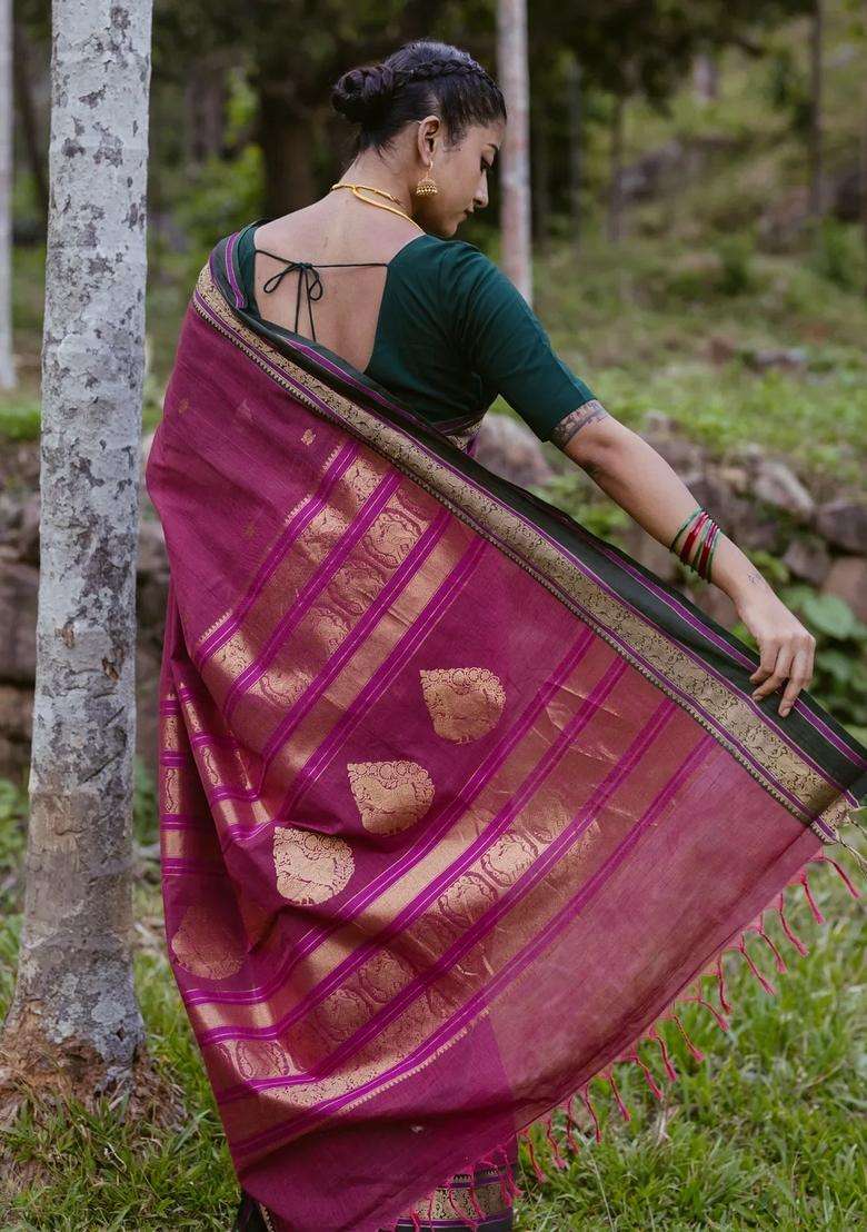 Magenta Handloom Kanchi Cotton Saree With Annam Buttas With Buttas And Brocade Design For Women - Indya