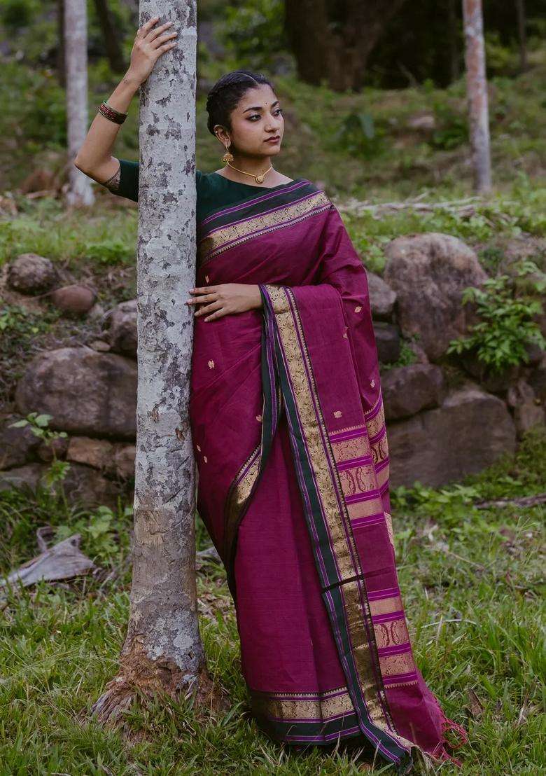 Magenta Handloom Kanchi Cotton Saree With Annam Buttas With Buttas And Brocade Design For Women - Indya
