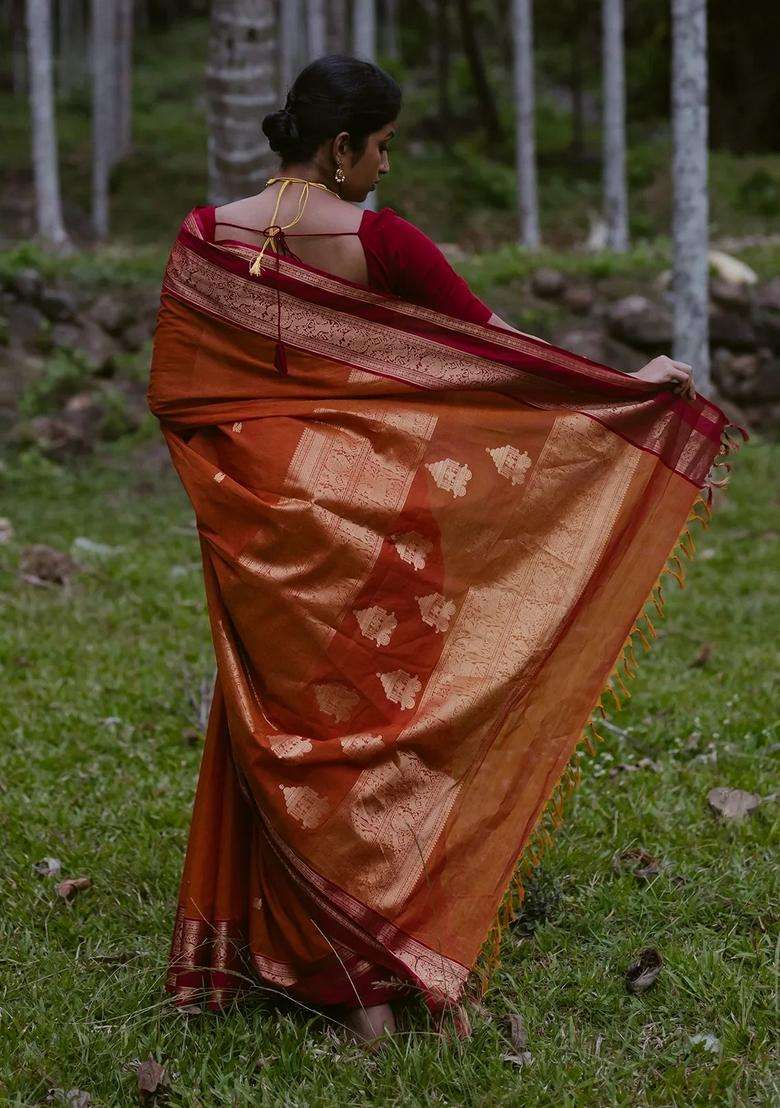 Orange Handloom Kanchi Cotton Saree With Annam Buttas With Buttas And Brocade Design For Women - Indya