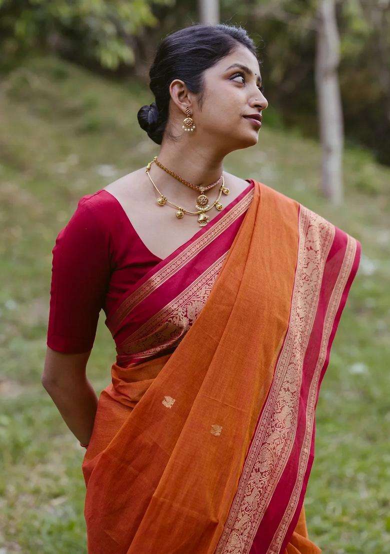 Orange Handloom Kanchi Cotton Saree With Annam Buttas With Buttas And Brocade Design For Women - Indya