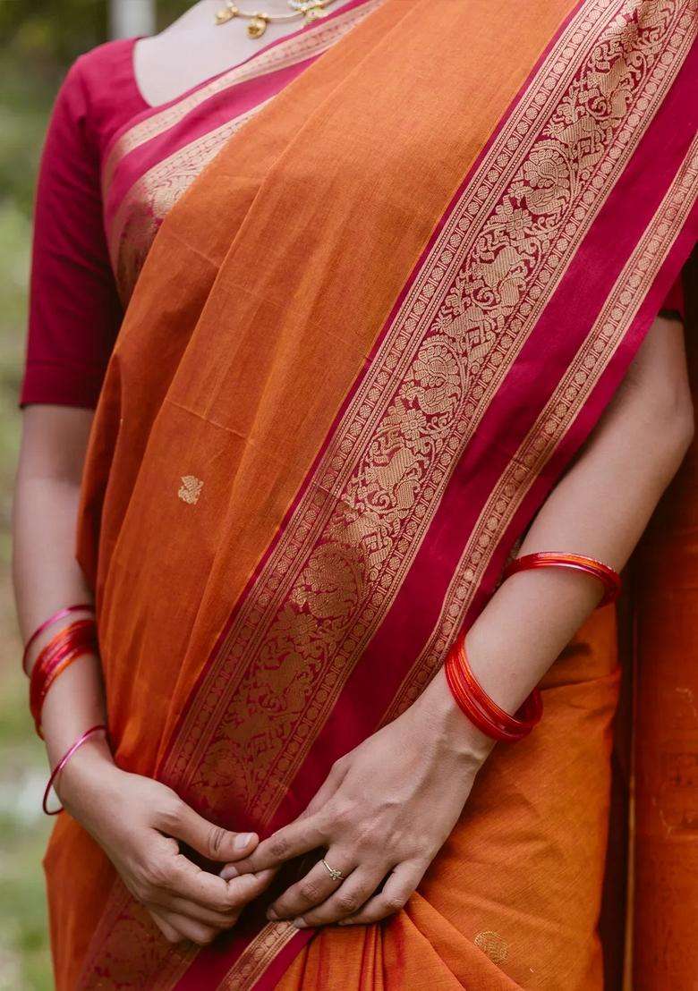Orange Handloom Kanchi Cotton Saree With Annam Buttas With Buttas And Brocade Design For Women - Indya