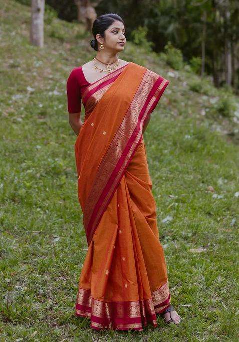 Orange Handloom Kanchi Cotton Saree With Annam Buttas With Buttas And Brocade Design For Women