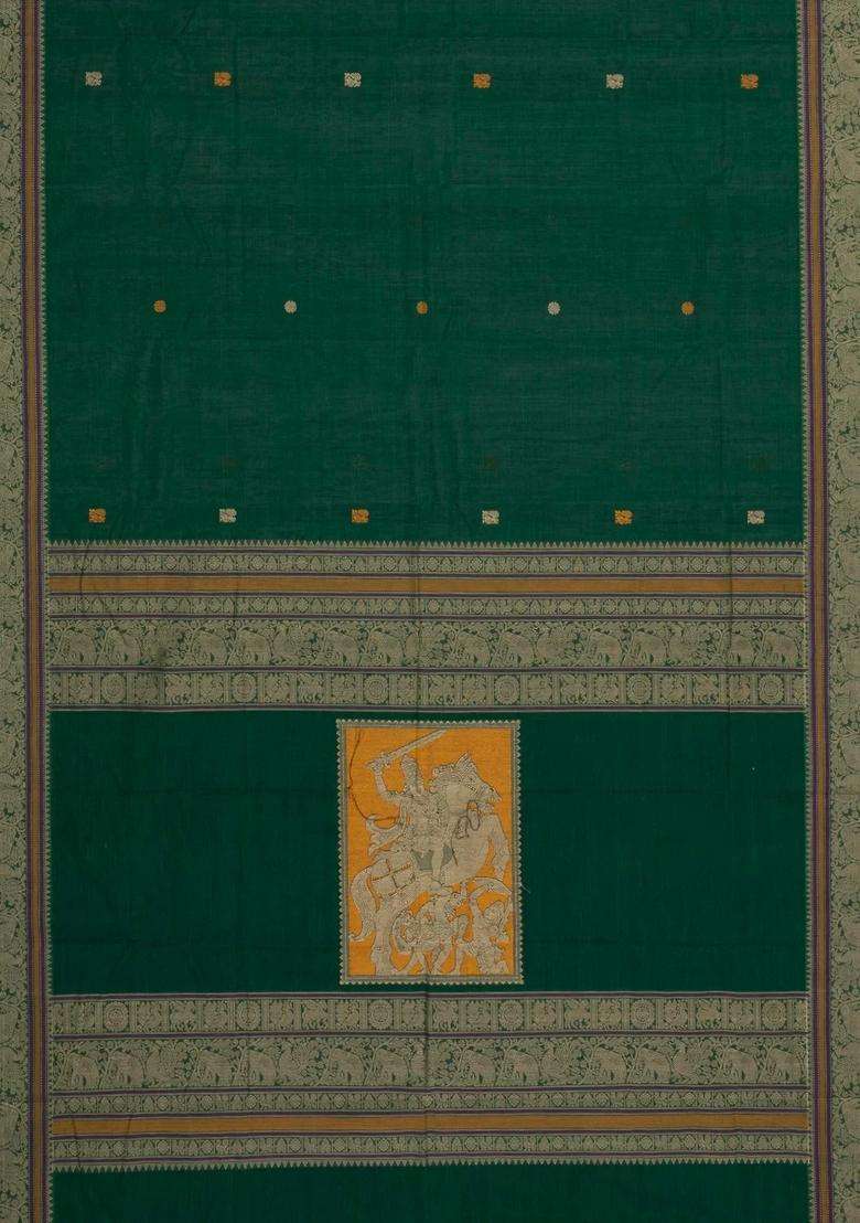 Dark Green Handloom Kanchi Cotton Saree With Annam Buttas With Buttas And Brocade Design For Women - Indya