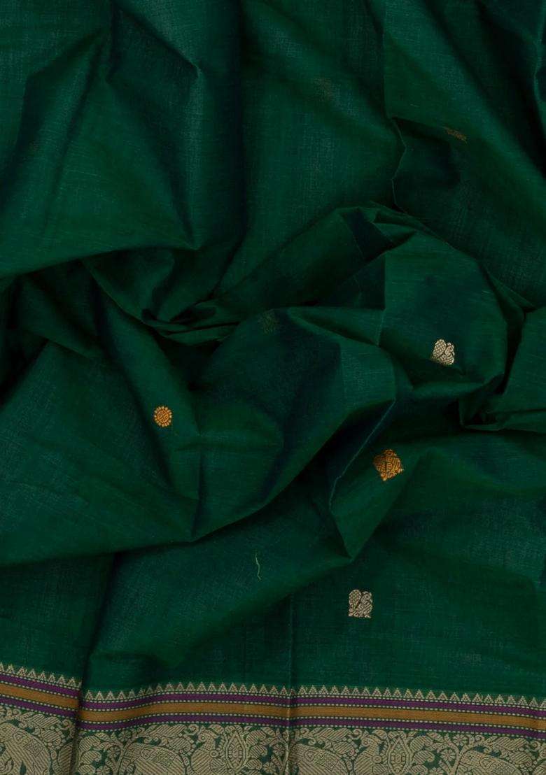 Dark Green Handloom Kanchi Cotton Saree With Annam Buttas With Buttas And Brocade Design For Women - Indya