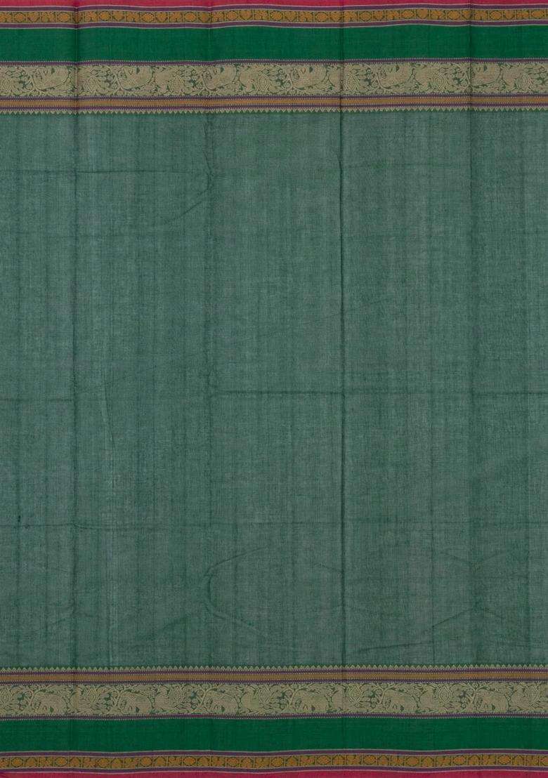 Dark Green Handloom Kanchi Cotton Saree With Annam Buttas With Buttas And Brocade Design For Women - Indya