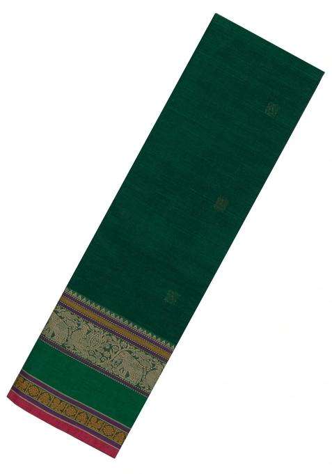 Dark Green Handloom Kanchi Cotton Saree With Annam Buttas With Buttas And Brocade Design For Women