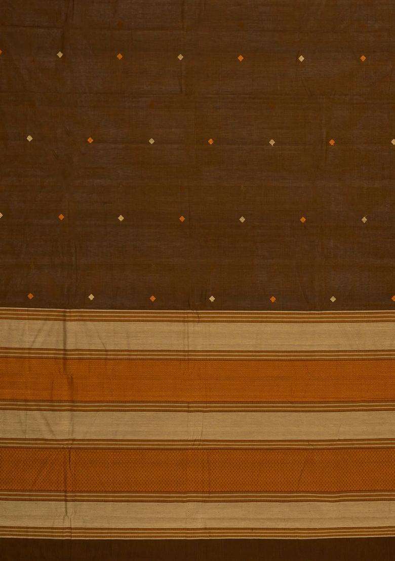 Dark Olive Handloom Kanchi Cotton Saree With Diamond Buttas With Buttas And Brocade Design For Women - Indya