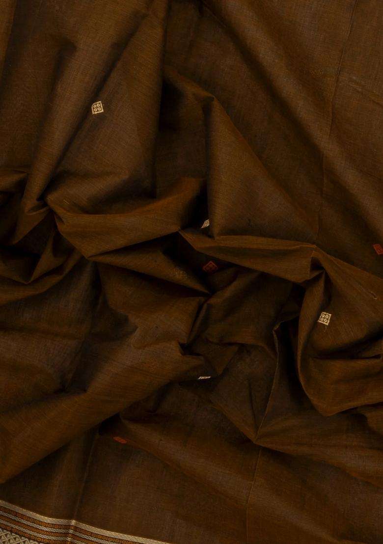 Dark Olive Handloom Kanchi Cotton Saree With Diamond Buttas With Buttas And Brocade Design For Women - Indya