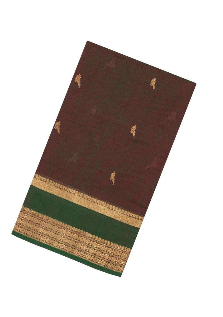 Dark Brown Handloom Silk Cotton Saree With Parrot Buttas With Buttas And Brocade Design For Women - Indya