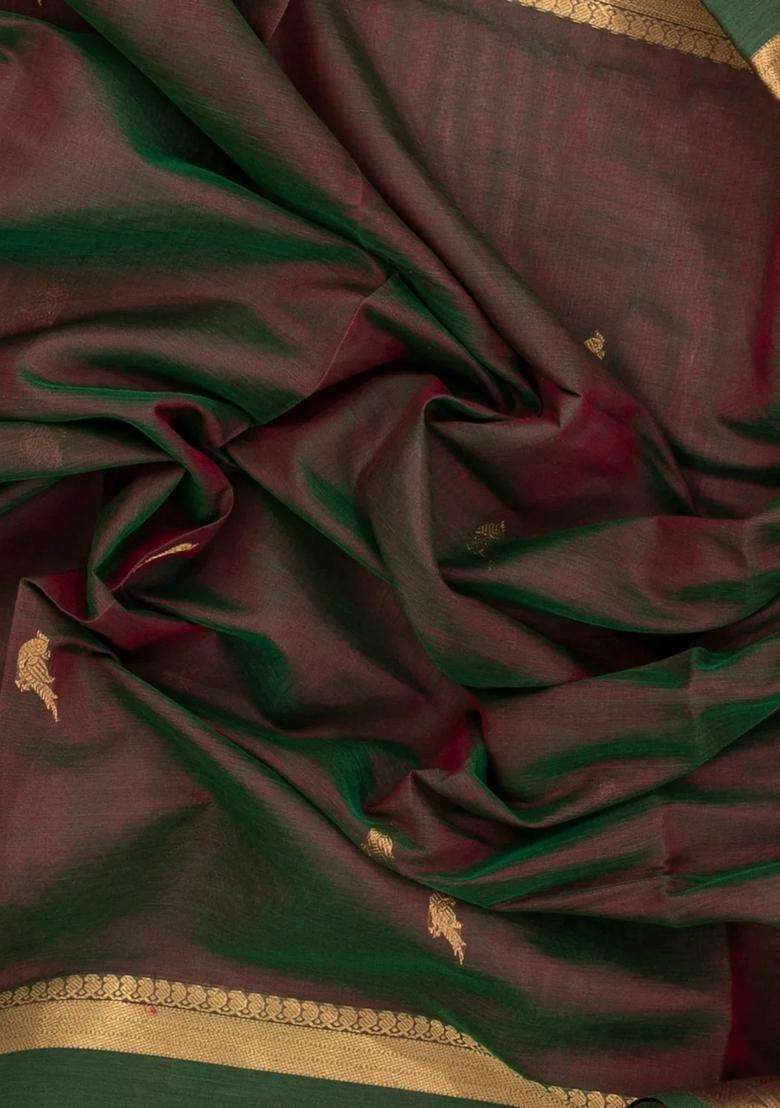 Dark Brown Handloom Silk Cotton Saree With Parrot Buttas With Buttas And Brocade Design For Women - Indya