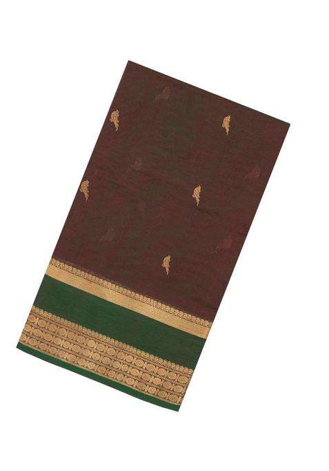 Dark Brown Handloom Silk Cotton Saree With Parrot Buttas With Buttas And Brocade Design For Women